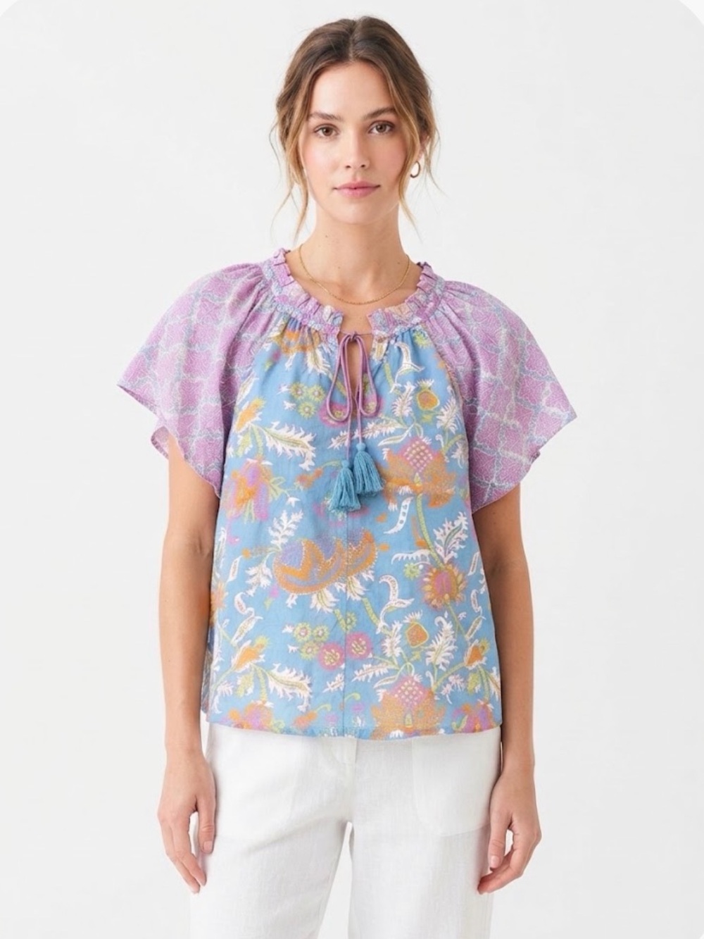 Roller Rabbit Block Print Tassel Tie-Neck Flutter Sleeve Blouse Blue Pink Size M